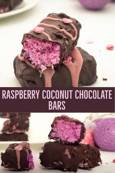 raspberry coconut chocolate bars are cut in half and stacked on top of each other