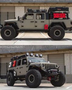 two pictures of the same vehicle in different positions, one is gray with black and red accents