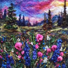 A meadow filled with flowers leads toward a distant forest under a stunningly beautiful sky Flower Needle Felting, 2d Needle Felting Pictures, Needle Felted Pictures, Garden Textiles, Felt Landscapes, 2d Felting, Felted Painting, Felted Pictures