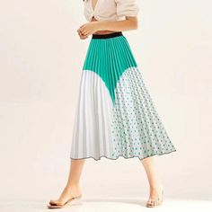 White Teal Pleated Maxi Skirt Green Long Pleated Skirt For Spring, Green Non-stretch Pleated Maxi Skirt, Spring Long Pleated Skirt, Trendy Full Skirt For Summer, Trendy Green Long Skirt, Trendy Long Green Skirt, Spring Green Pleated Maxi Skirt, Chic Green Midi Pleated Skirt, Non-stretch Long Pleated Skirt For Spring