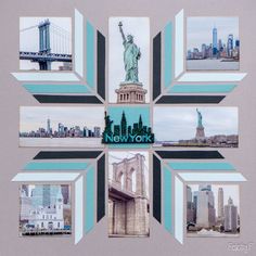 the new york city skyline is depicted in this collage with images of the statue of liberty