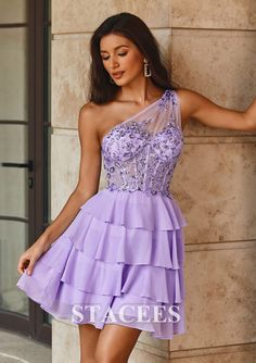 [$136.00] A-line One-Shoulder Chiffon Short/Mini Homecoming Dress with Lace Sequins Purple Homecoming Dress Short, Hoco Dresses Purple, Long Sleeve Homecoming Dress, Mini Homecoming Dress, Mermaid Ball Gown, Purple Homecoming Dress, Junior Prom, Mini Homecoming Dresses, Chiffon Shorts