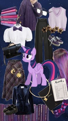 a collage of clothes, shoes and accessories for a pony - haired girl with purple hair