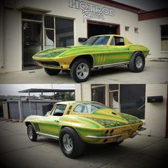 two pictures of a yellow and green car in front of a building with the words hot rod on it