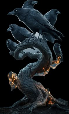 three black crows sitting on top of a tree branch with flames coming out of its beaks