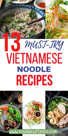 the top ten vietnamese noodle dishes with text overlay that reads 13 must try vietnamese noodle recipes