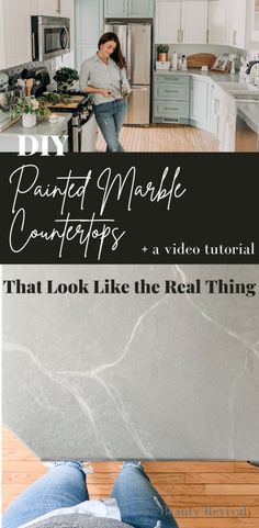 a woman standing in front of a kitchen counter top with text overlay that reads diy painted marble laptops