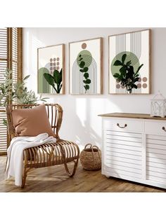 a room with three framed plants on the wall and a wicker chair next to it