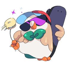 a cartoon penguin wearing sunglasses and holding a cell phone in one hand while standing next to a bird