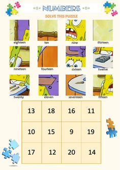 a puzzle game with different pictures and numbers on the front page, including an image of spongebob's face