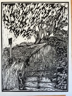 a black and white drawing of a bridge over water with trees in the foreground