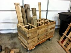 several wooden crates stacked on top of each other