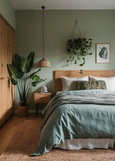 a bedroom with green walls and plants on the headboard, along with a bed