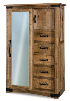 a wooden armoire with drawers and mirrors on it's sides, against a white background