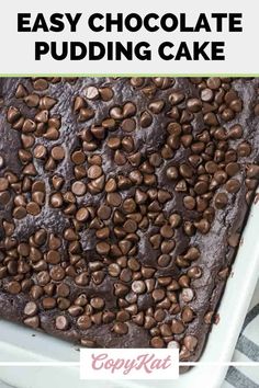 easy chocolate pudding cake in a baking pan with text overlay that says easy chocolate pudding cake