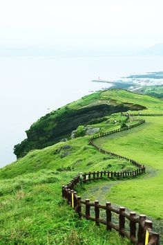 a wooden fence on the side of a grassy hill