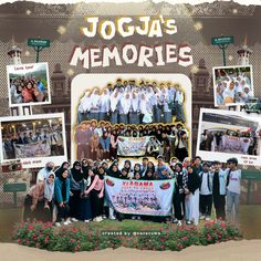 a group of people standing next to each other in front of a sign that says joga's memories