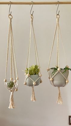 three hanging planters with plants in them