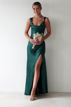 Riviera Soft Satin Maxi Gown | Forest Green Green Long Formal Dress, Dark Bridesmaids Dresses, Kelly Green Prom Dress, Formal Dresses School, Green Dresses For Wedding, Classy Green Dress, Dark Green Formal Dresses, Dark Green Prom Dress Long, Green Wedding Guest Dress