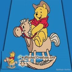 winnie the pooh on a rocking horse cross stitch pattern by hooked creations, inc