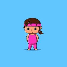 an animated girl with brown hair and pink pants standing in front of a blue background