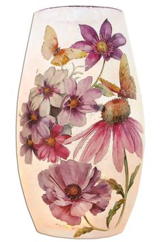 a glass vase with flowers painted on it