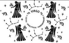 the zodiac sign for virgo with an angel holding flowers in its hand and stars around it