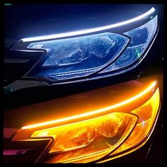 the headlight of a car with its lights turned on and it is glowing yellow