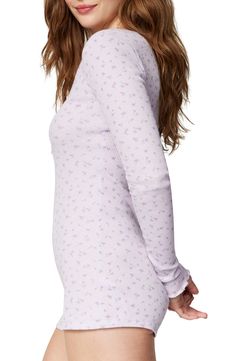 Love to lounge in this soft cotton-blend romper designed with fine allover ribbing. 27 1/2" length Button half placket V-neck Long sleeves 58% cotton, 39% recycled polyester, 3% elastane Machine wash, tumble dry Imported Ribbed Spring Sleepwear, Casual Ribbed Sleepwear For Spring, V-neck Tops For Sleepover In Spring, V-neck Tops For Spring Sleepover, Floral Print Bedtime Tops For Spring, Floral Print Tops For Bedtime And Spring Season, Floral Print Spring Tops For Bedtime, Florence By Mills, Romper Designs