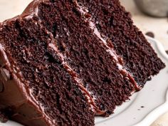 a slice of chocolate cake on a white plate