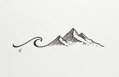 a black and white drawing of a mountain with a wave coming out of it's top