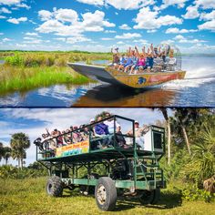 there are two pictures with people riding in a boat and on the back of a truck