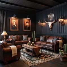 a living room with couches, chairs and paintings on the wall in it's dark wood paneling