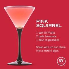 a pink drink in a tall glass on a red background with the words, pink squirrel