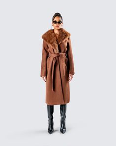 She’s chic or whateva 😚 Made from wool with a faux fur collar, this sophisticated yet sassy brown coat will instantly elevate any look you pair it with 🤎 Brown Long Coat With Faux Fur Lining, Elegant Brown Winter Outerwear, Brown Long Fur Coat For Work, Chic Fall Wool Coat With Faux Fur Lining, Elegant Brown Faux Fur Outerwear, Elegant Brown Long Fur Coat, Elegant Long Brown Fur Coat, Brown Outerwear With Faux Fur Trim For Work, Long Fur Coat With Faux Fur Trim For Work