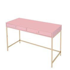 a pink desk with two drawers sitting on it's legs, against a white background