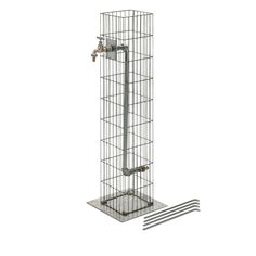 a wire cage with two pieces of metal in it