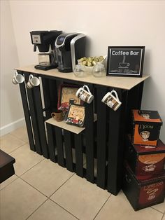 a coffee bar made out of wooden crates