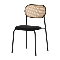 a black chair with a white back and seat cushion on top of it, against a white background