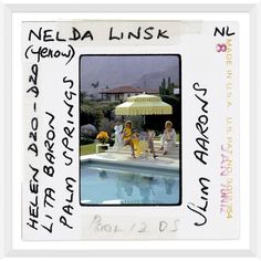 a polaroid frame with the words nelda linsk and friends sitting around a pool