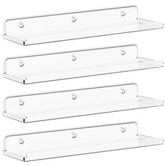 three clear shelves with metal brackets on each shelf