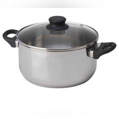 a stainless steel pot with black handles and an inner lid, on a white background