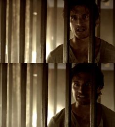 the walking dead season 2 episode 3 photoshopped in three different frames, with an evil looking man behind bars