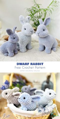 three crocheted rabbits sitting next to each other