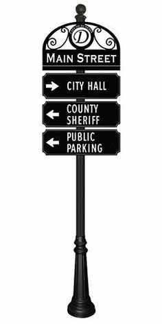 a black and white street sign with directions to main street, city hall, county sheriff, public parking