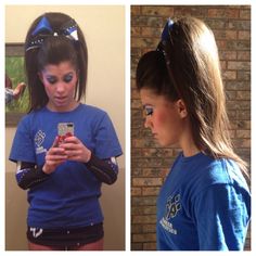 Cheer hair, cheer athletics, big hair, poof, bow Cheer Hair Poof, Cheer Hairstyles, Hair Poof, Straight Wavy Hair, Cheer Ideas