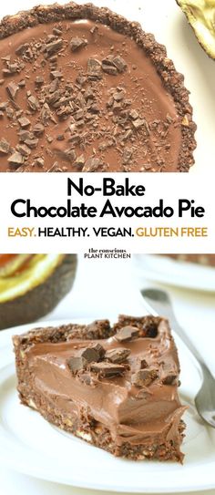 no - bake chocolate avocado pie on a white plate