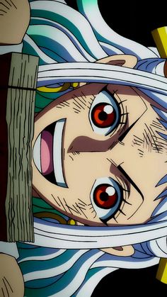 an anime character with blue hair and red eyes looking at the camera from behind a wooden fence