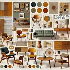 Interior Design Ideas, mood boards for various styles Modern Retro Mood Board, 50 Interior Design, Interior Design One Room Apartment, Mcm Mood Board, Orange Color Interior Design, Japandi X Mid Century Modern, Mood Boards For Interior Design, Mid Century Modern Moodboard, Bauhaus Interior Design Living Rooms