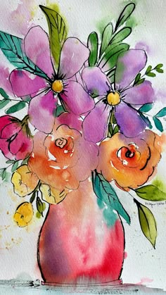 a watercolor painting of flowers in a vase